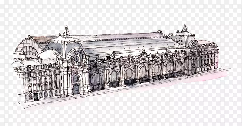 杜卢浮宫水彩画建筑-手绘教堂