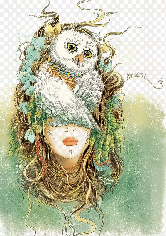 猫头鹰视觉艺术绘画插图-猫头鹰头饰女性创意插图