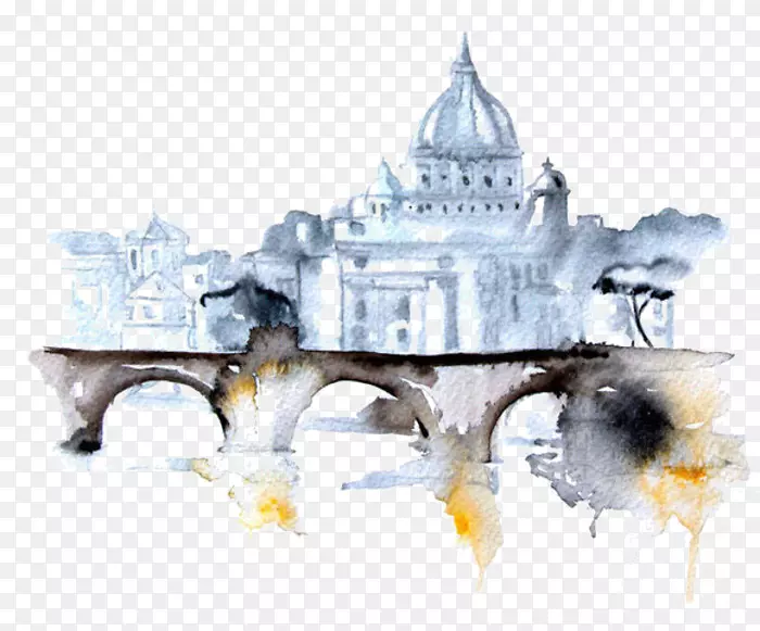 巴黎水彩画城市风景画洞桥