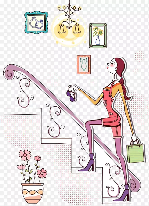 购物时尚女性-楼梯上的卡通女性