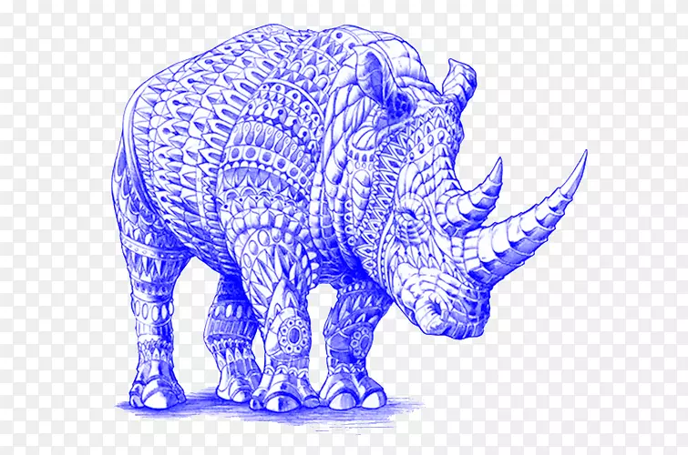 犀牛华丽动物绘画插图.手工绘制的犀牛