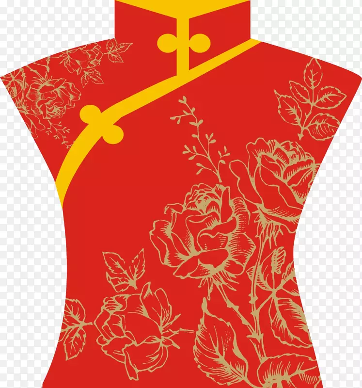 旗袍(U76d8u6263)红色牡丹花纹板纽扣旗袍