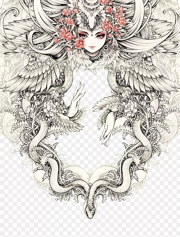 绘画线条艺术插图-魔法图案女神