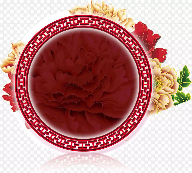 红色中秋节剪贴画-古典花卉装饰
