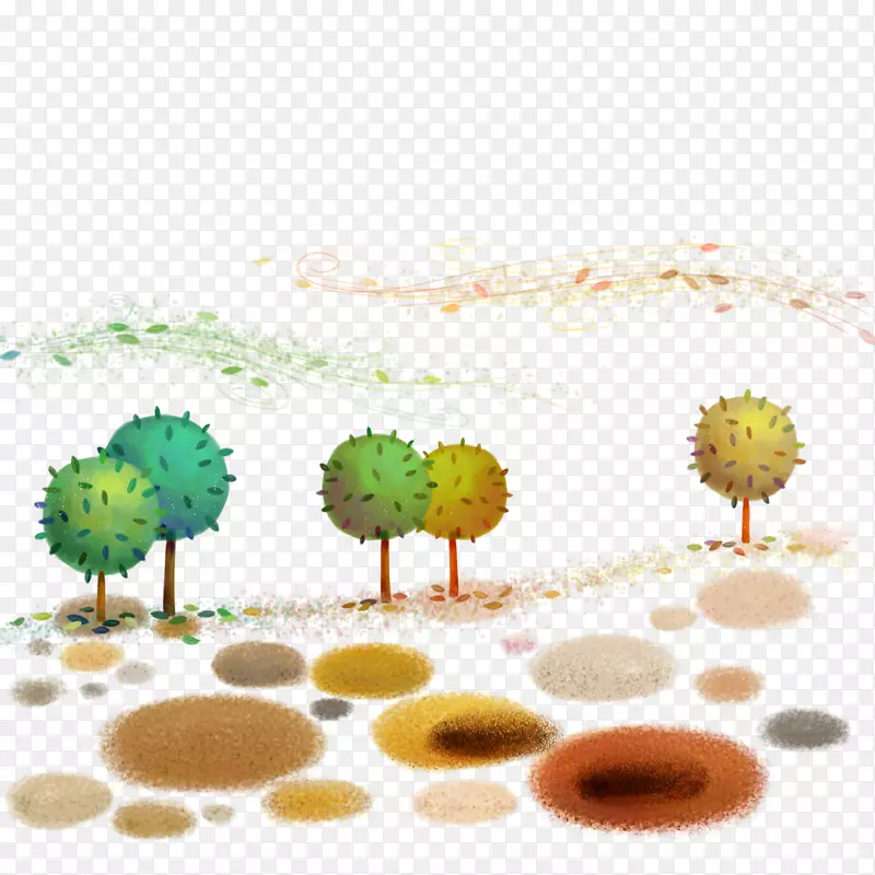 儿童卡通画.彩色浮球、树木和沙子