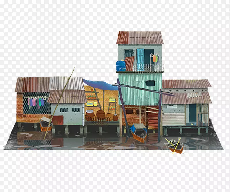 胡志明市绘画艺术绘画插图-水小镇生活材料