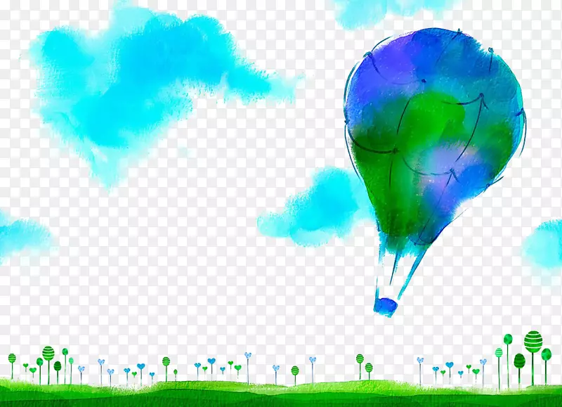 气球水彩画剪贴画.手绘水彩绿色热气球