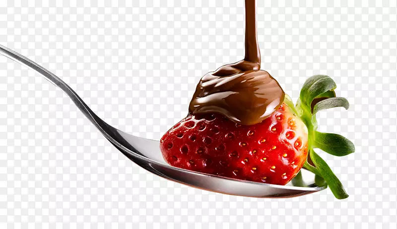 冰淇淋、草莓水果沙拉、慕斯巧克力糖浆-草莓和调羹上的巧克力酱