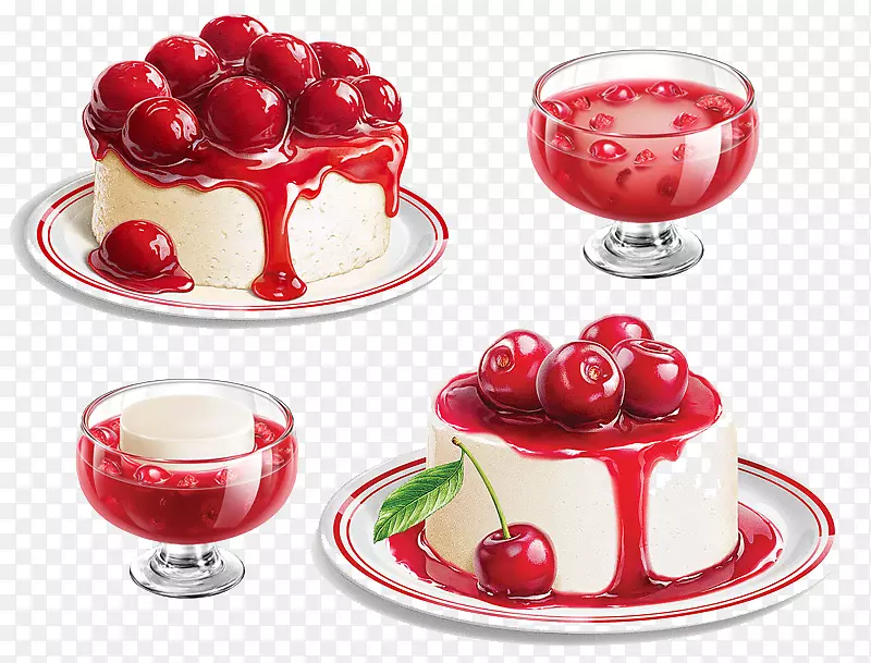 冰淇淋汁杯蛋糕樱桃蛋糕煎饼手绘樱桃蛋糕和樱桃汁