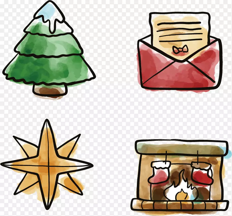 圣诞树信封水彩画圣诞树和信封