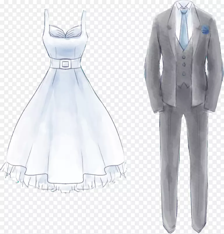 婚纱水彩画正式服装彩绘婚礼和灰色礼服