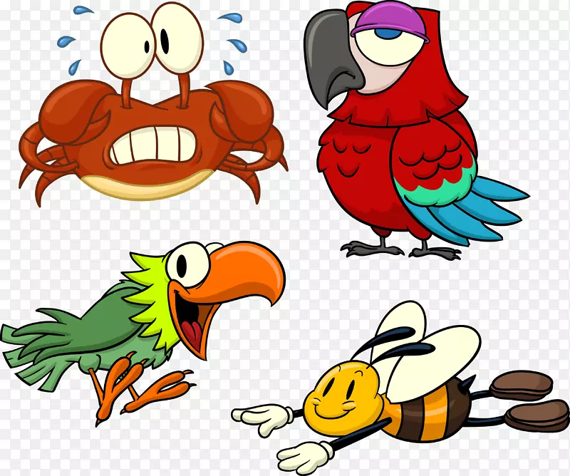 爱鸟鹦鹉卡通剪辑艺术-鸟蟹蜜蜂动物