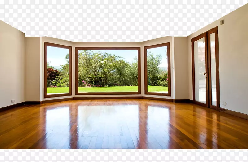 窗户处理起居室室内设计服务.地板窗的小花园.高清晰度扣减材料