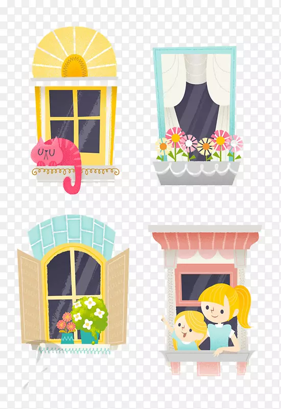 橱窗插图-四个可爱的设计窗口