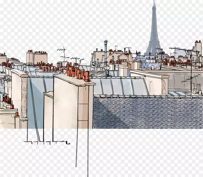 巴黎窗台屋顶插图.手绘城市