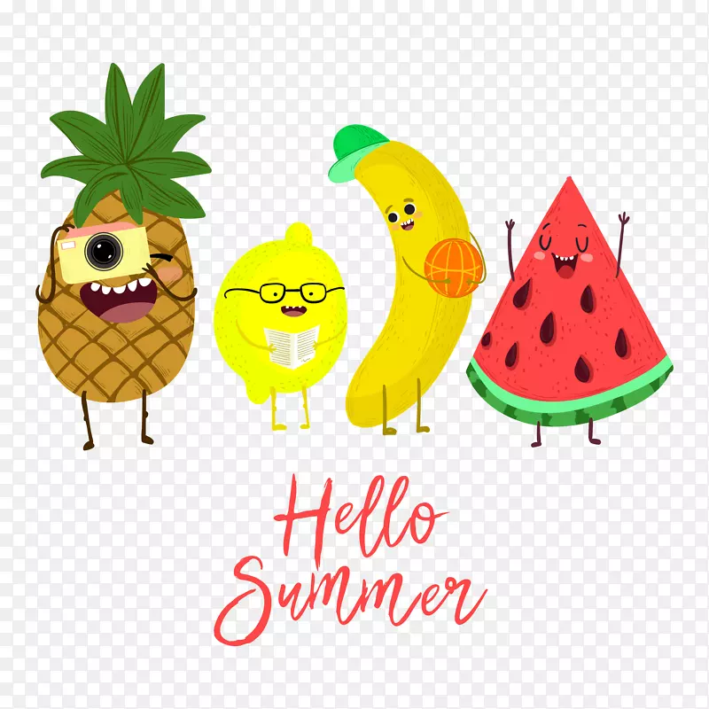夏日水果西瓜香蕉菠萝-可爱的夏日水果创意插图