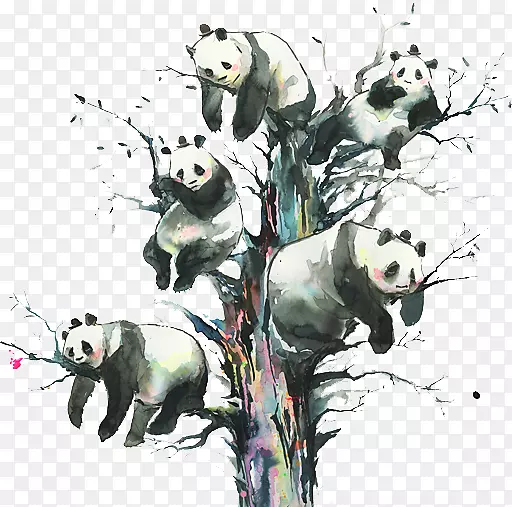 脱离重力绘画艺术版画插图-熊猫