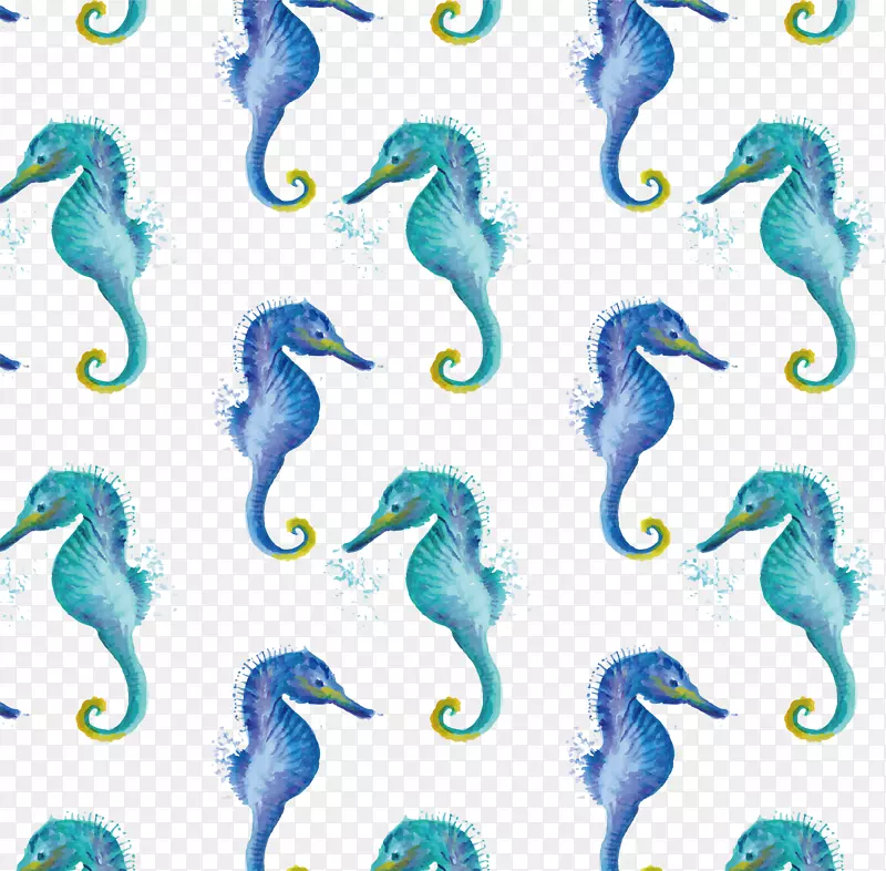 海马绿色水彩画.手绘蓝色和绿色海马图案