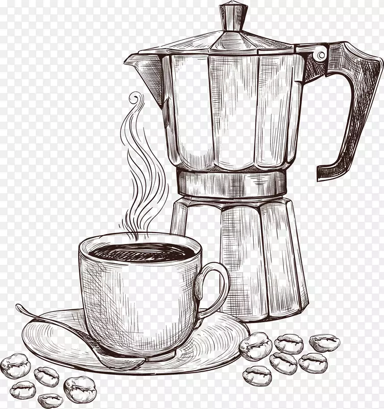阿拉伯咖啡机咖啡杯咖啡准备.速写咖啡机