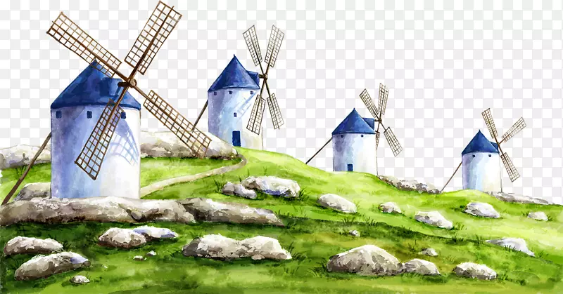风车油漆钻石-蓝色卡通风车和石头