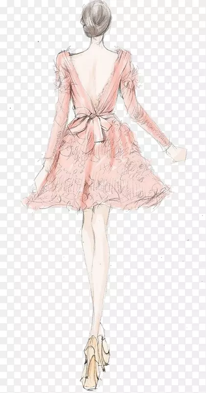 绘画时尚插画时装设计素描-创意粉红裙女