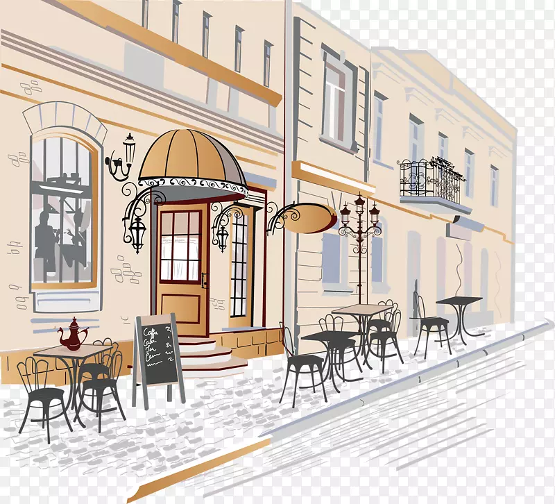 咖啡厅绘制街道插图-手绘城市角