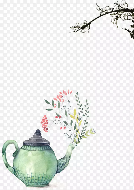 茶壶水彩画版画插图.花边