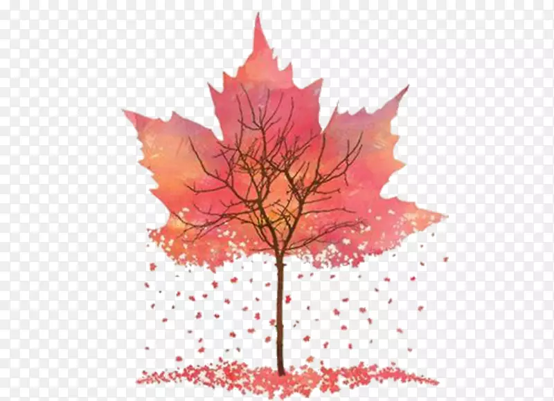 艺术秋季版画-水彩粉红树枫叶