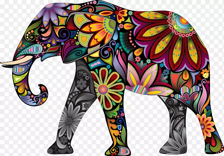 大象贴纸图案.手用彩色花纹象