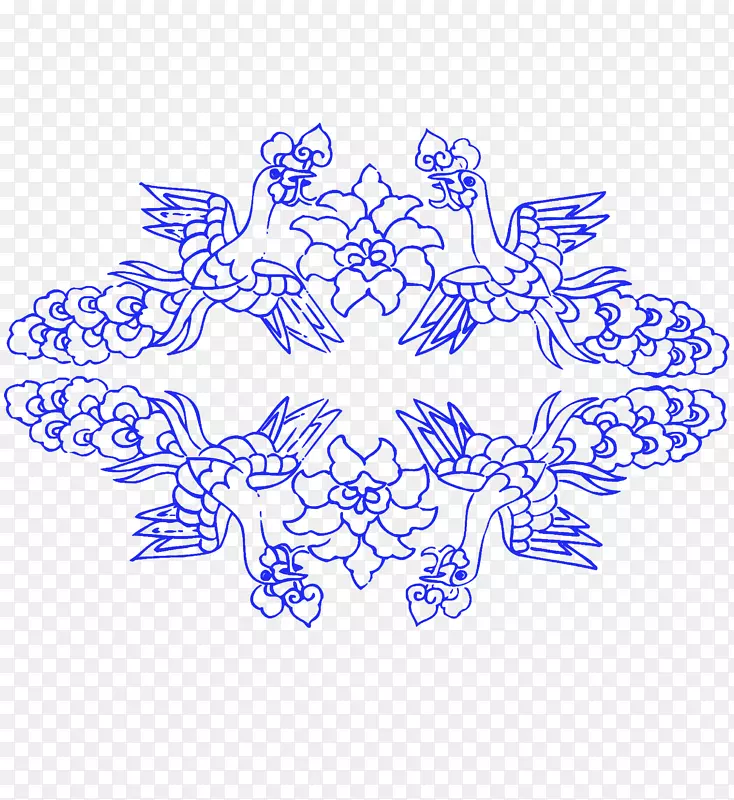 蓝白色陶器图案设计-蓝色凤凰