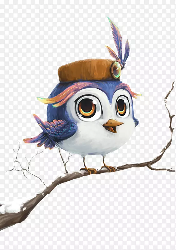鸟画冬日手绘在帽子架上树枝可爱的小鸟