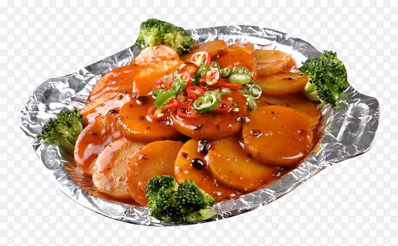 素食料理鱼片蔬菜薯片食物铁板浇薯片