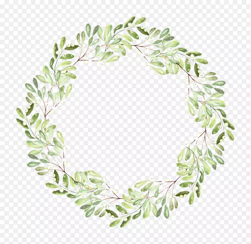 水彩画圣诞装饰剪贴画彩绘绿叶环