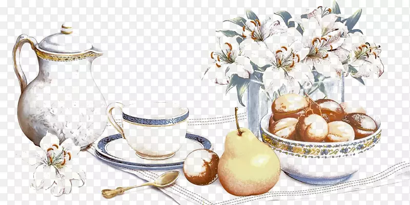瓷咖啡杯茶壶杯胡桃和瓷器