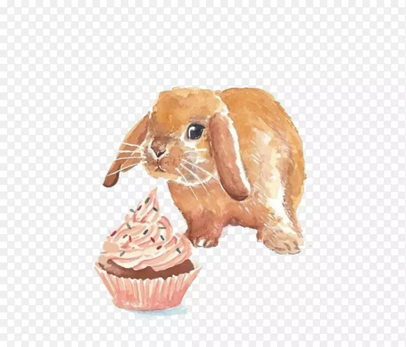 水彩画卡通插画-卡通兔子蛋糕