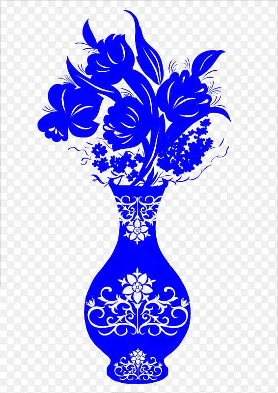 剪纸花瓶-蓝色和白色陶器-蓝色花瓶图案