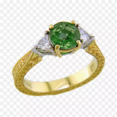 翡翠戒指特萨罗特钻石石榴石-祖母绿金戒指