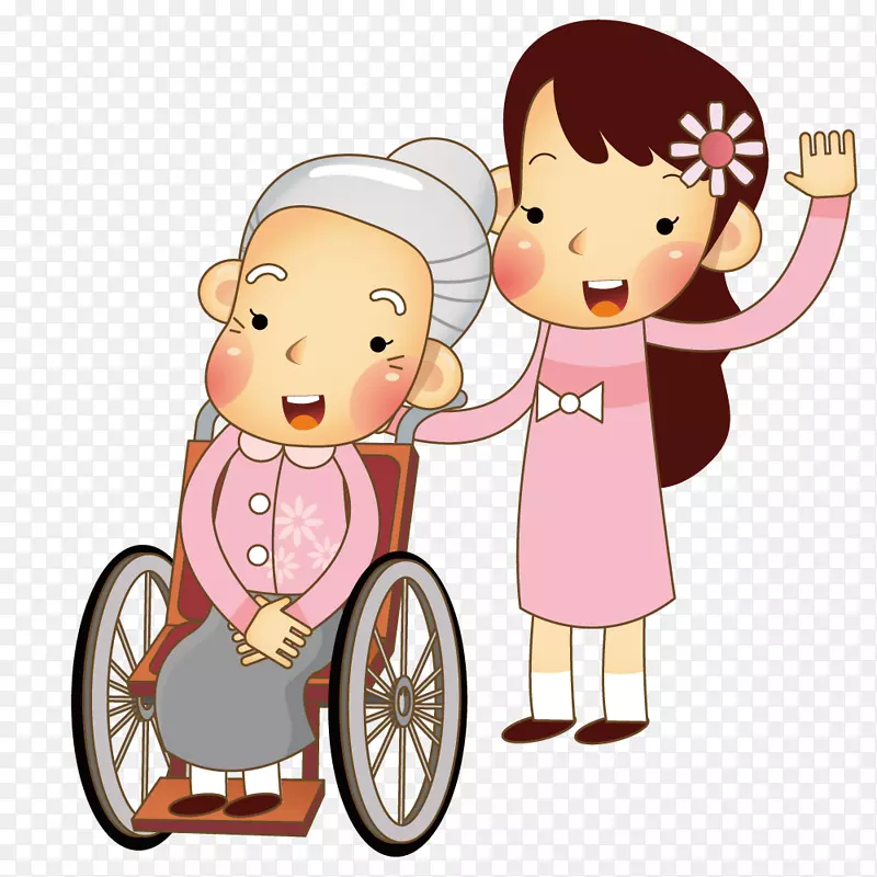 卡通插画-照顾她坐在轮椅上的祖母