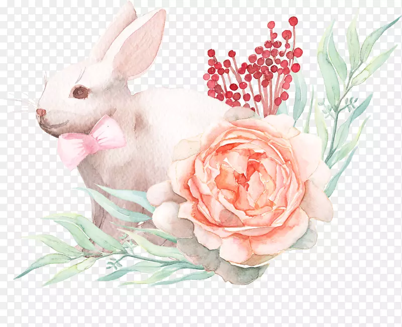 复活节兔子纸水彩画兔带弓