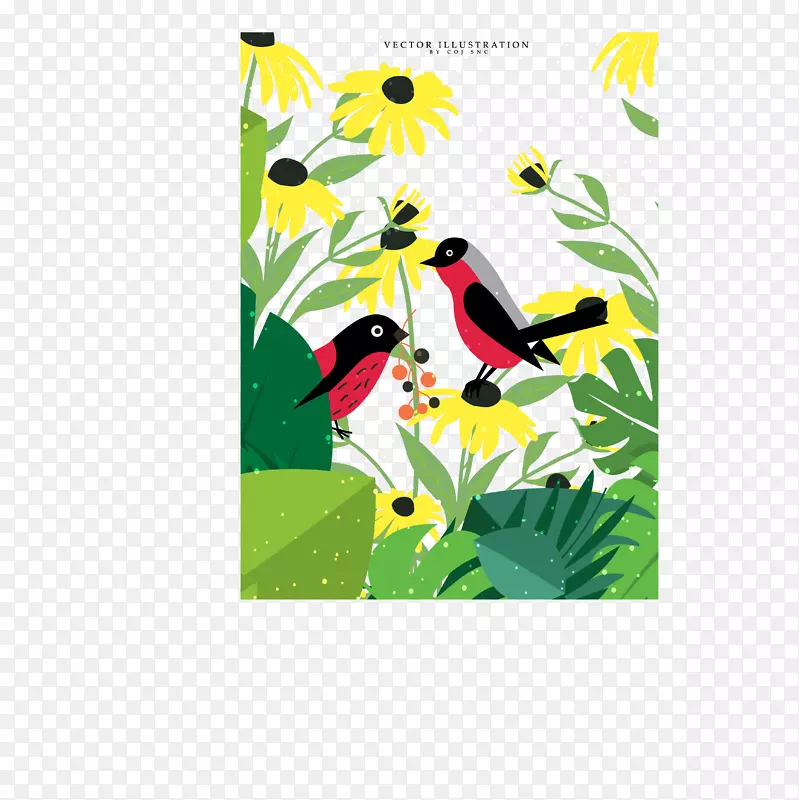 鸟类野生动物画图标-在开花的灌木丛中的鸟