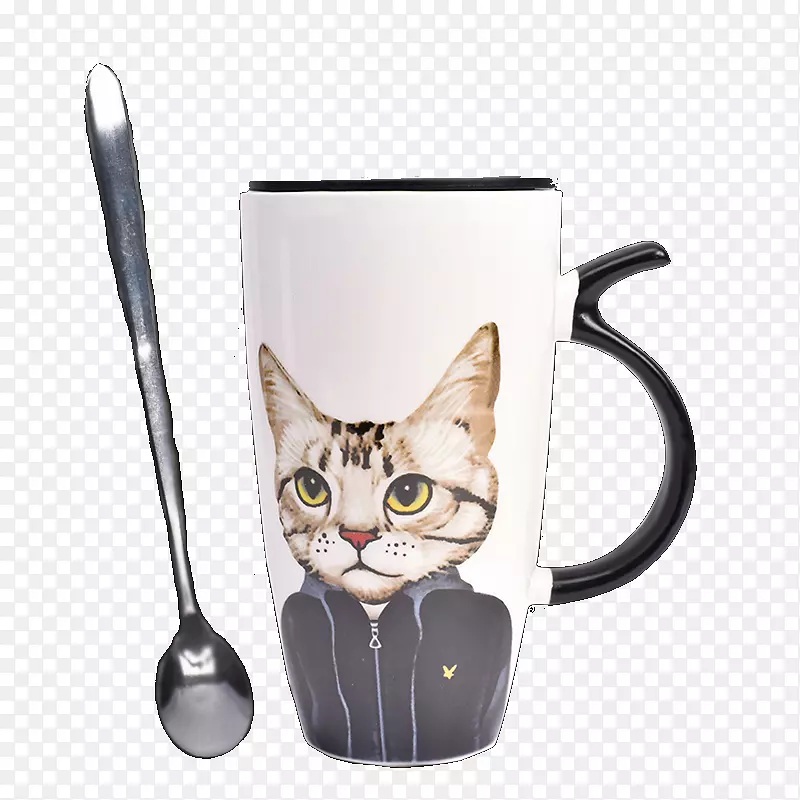 咖啡茶猫小猫杯-创意艺术小猫匙杯盖