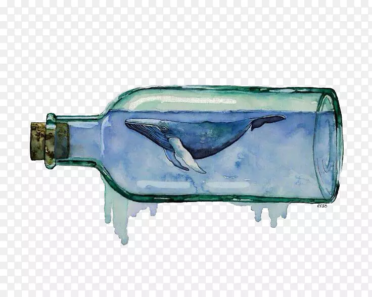 纸水彩画鲸蓝许愿瓶