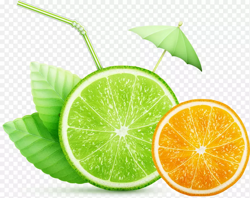 橙汁，柠檬-水果和绿叶阳伞
