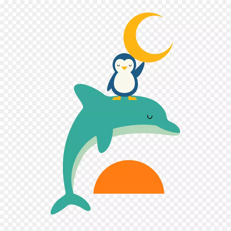 绘画海报插画-平面日出海豚企鹅