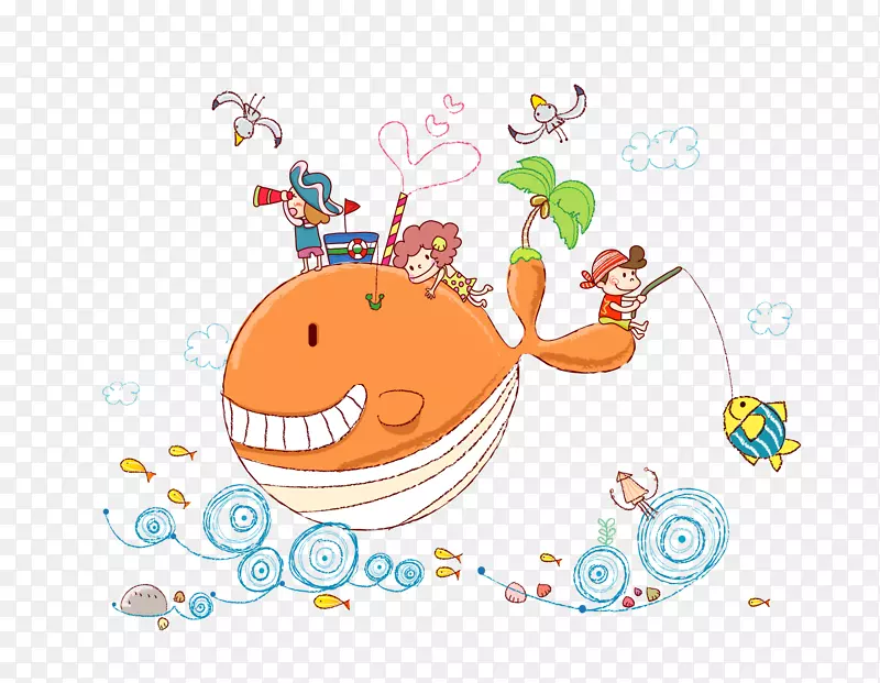 儿童卡通插画-坐在大鱼钓鱼乐趣中的卡通儿童