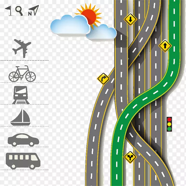 卡通道路插图-白云路和飞机