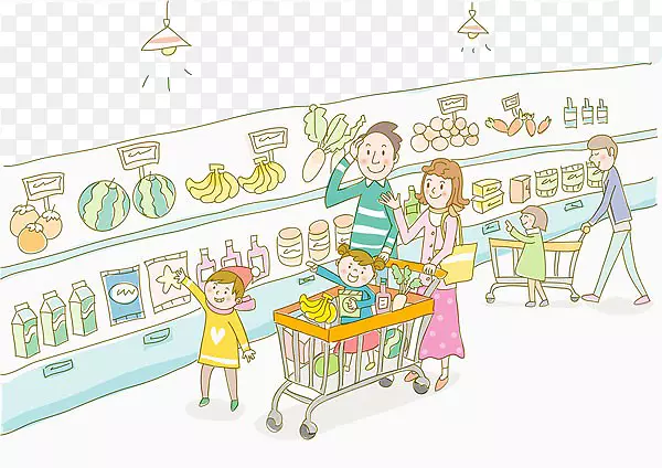 食品卡通杂货店超市插图父母在超市买食物