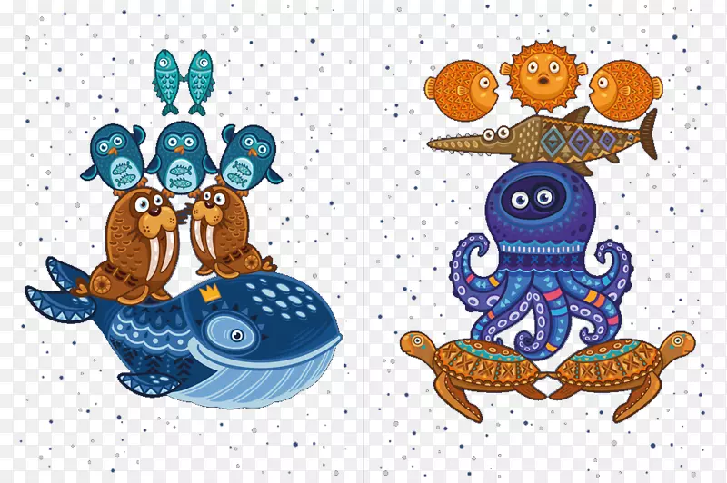 章鱼触角卡通视觉艺术插图章鱼企鹅卡通鲸