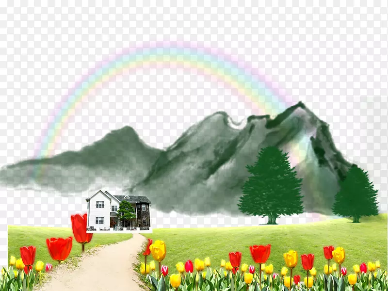 山水水墨画插图-彩虹城堡后小屋