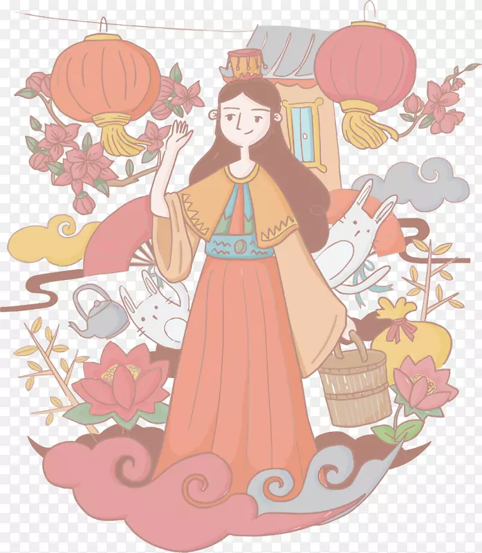 月饼变换中秋节插图-手绘美丽的月亮女神